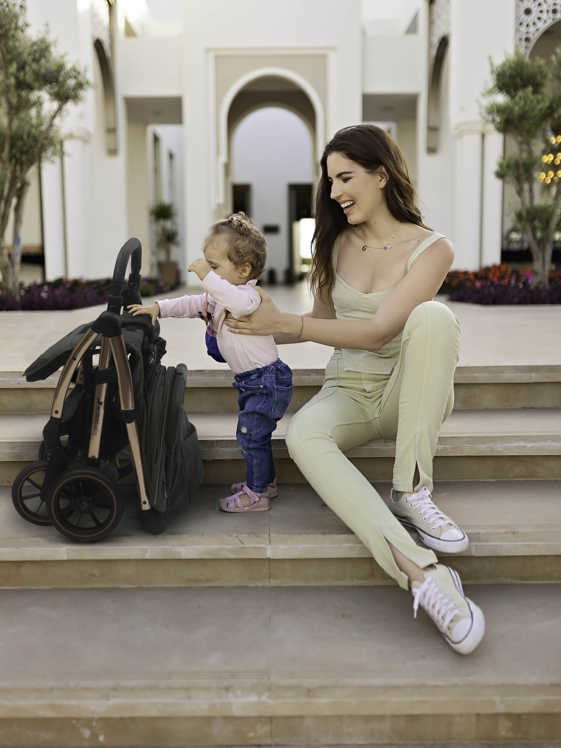 with child folded at stairs